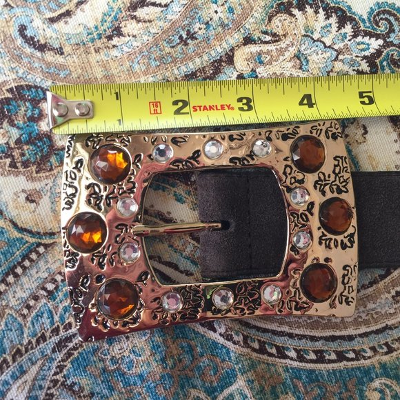 Vintage Statement belt Jeweled buckle suede leather belt M brown, amber, gold main image 7